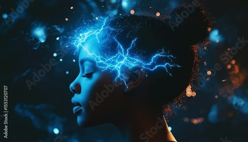 Woman with glowing lightning effect around head. Concept for ideas, power, and intelligence.