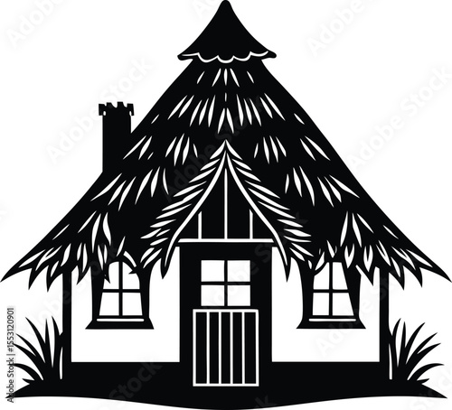 Silhouette of a Thatched Roof House