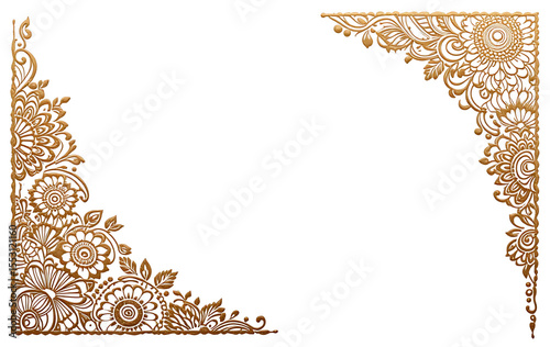  Traditional Indian-style gold mehndi corner patterns, isolated on white.

