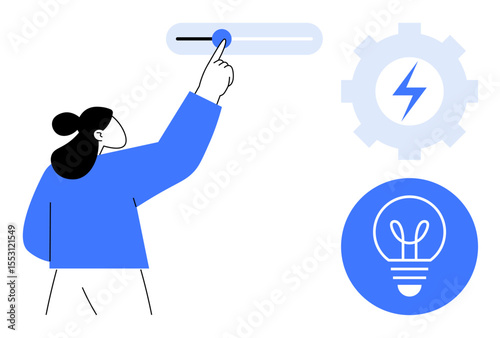 Woman sliding control lever, blue gear with lightning bolt, lightbulb representing innovation, efficiency. Ideal for technology, energy, sustainability, innovation, creativity user control simple