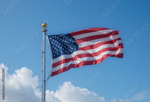 Bandera estadounidense ondeando orgullosamente en un mástil alto contra un cielo azul claro con suaves nubes blancas detrás