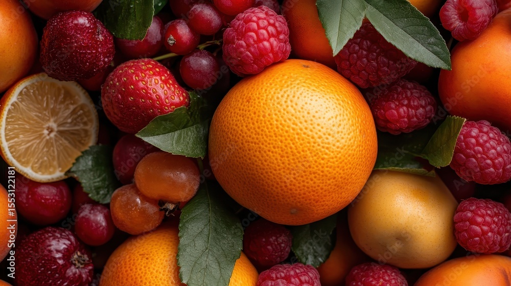 A vibrant display of assorted fresh fruits, including strawberries, oranges, and raspberries, beautifully arranged with leaves, presenting a feast for the senses and health. A vibrant display of assorted fresh fruits, including strawberries, oranges, and raspberries, beautifully arranged with leaves, presenting a feast for the senses and health.