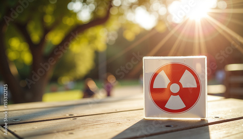 UV radiation warning icon on outdoor table in sunny park setting  