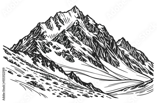 Mountain Peak Sketch – Vintage Hand-Drawn Snowy Alpine Illustration