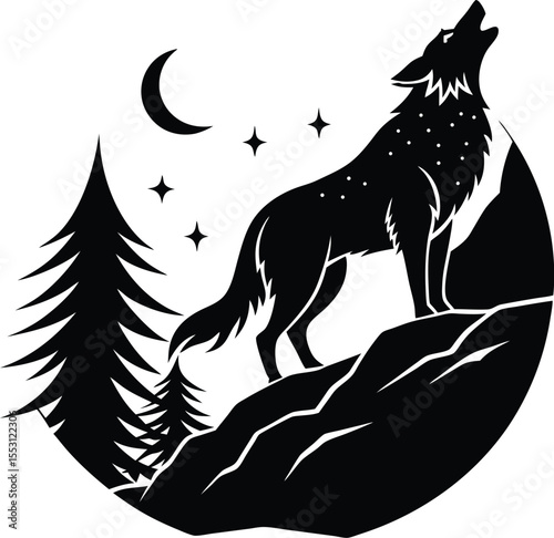 Silhouette of a Wolf Howling on Cliff