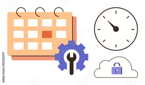 Calendar with marked date, clock showing time, gear with wrench for settings, and secure cloud icon. Ideal for time management, scheduling, digital security, planning, productivity efficiency