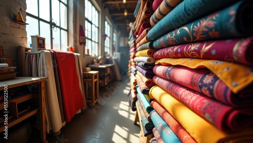Rollos de tela de colores apilados verticalmente en un luminoso taller textil, con la luz del sol entrando a través de grandes ventanas industriales