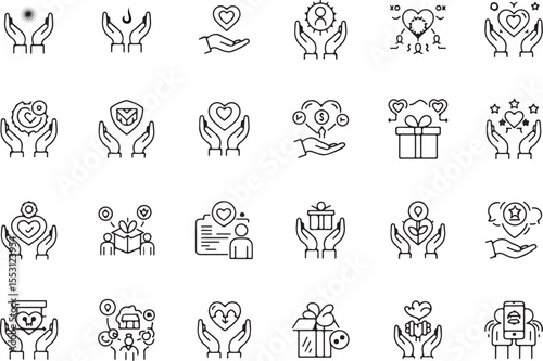 Charity and Donation Icon Set – Minimalist Black and White Vector Illustrations of Giving, Support, Love, and Nonprofit Concepts
