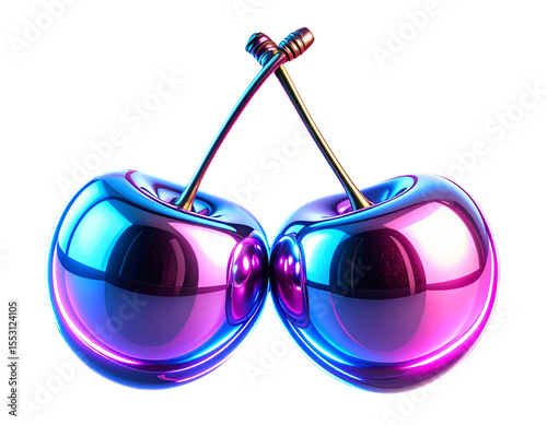 Futuristic Chrome Cherries with Neon Edge Glow isolated on transparent background PNG