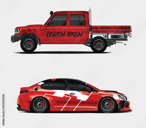 Two Custom Cars A Red Truck and a Red and White Sedan