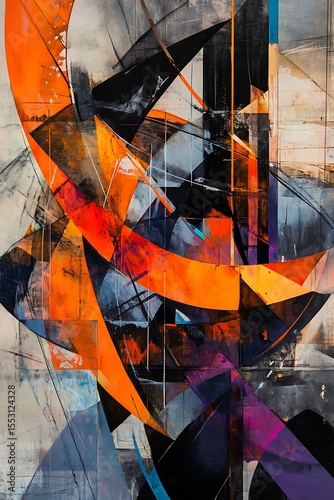 Overlapping geometric forms with intersecting lines, a mix of hot and soft colors creating a dynamic flow 