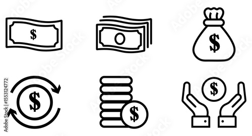 Money, finances, and coin-related icon set on white background. Money finance wealth currency investment cash dollar economy banking business icon vector illustration