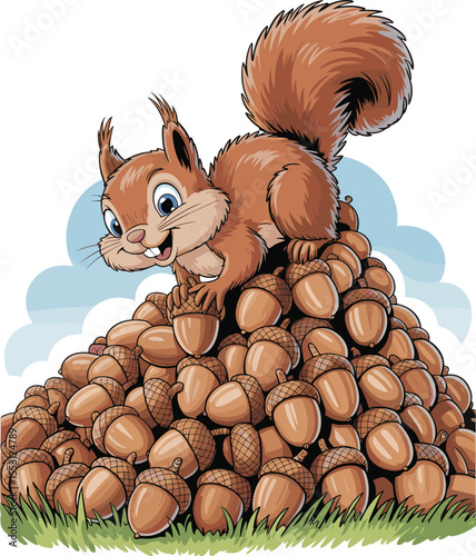 Adorable Cartoon Squirrel with Acorn Hoard, Autumn Harvest Illustration