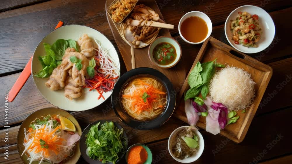 Assorted asian dishes on wooden table Assorted asian dishes on wooden table