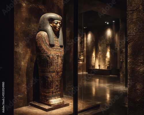 Ornate ancient egyptian coffin on display in a museum.