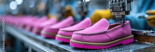 Crafting vibrant pink shoes in a factory setting with skilled workers at their stations