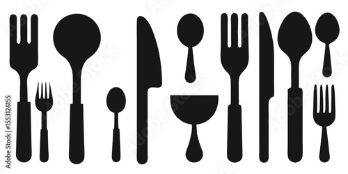 Various isolated black kitchen cutlery, including forks, spoons, knives and a ladle, stand on display
