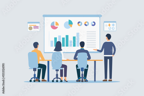 Business presentation with charts and graphs being presented to a small team
