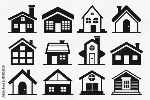 Twelve simple black house icons show varied architectural styles on a white backdrop