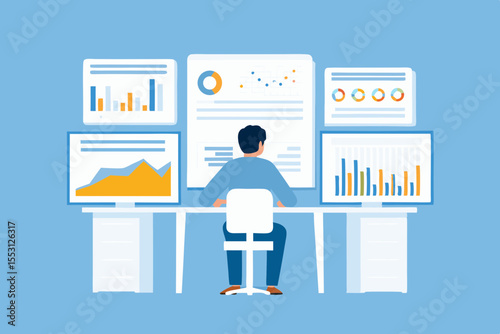 Data analysis and visualization concept with a person working at a desk with monitors