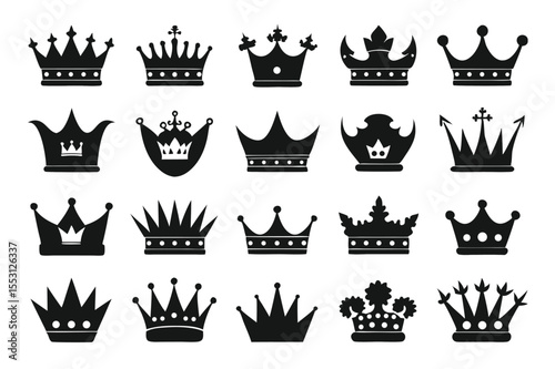Different black silhouette crown vectors are arranged on a white background, which is transparent