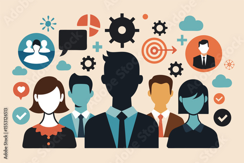 Diverse team stands amidst icons representing success, innovation, collaboration, and business growth strategies