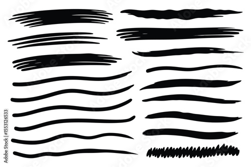 Artistic collection featuring dynamic hand drawn black brush strokes and paint borders are on transparent background