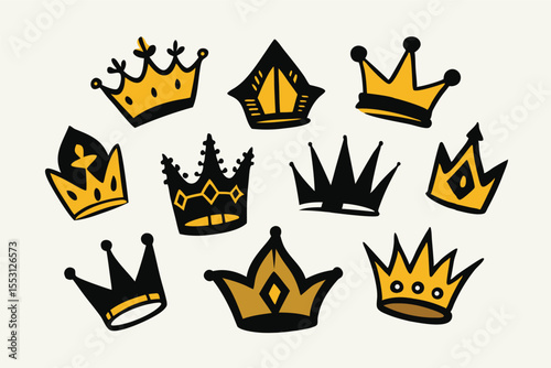 A collection of unique golden and black crown icons show different styles and shapes
