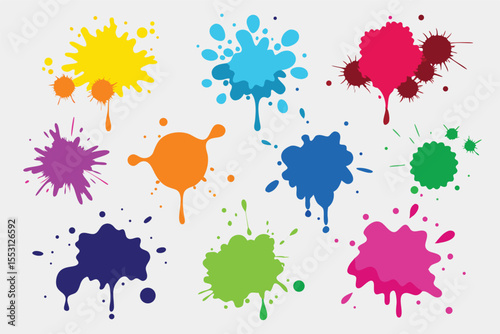 Vivid splatters of diverse color create a dynamic splash arrangement on a clean background