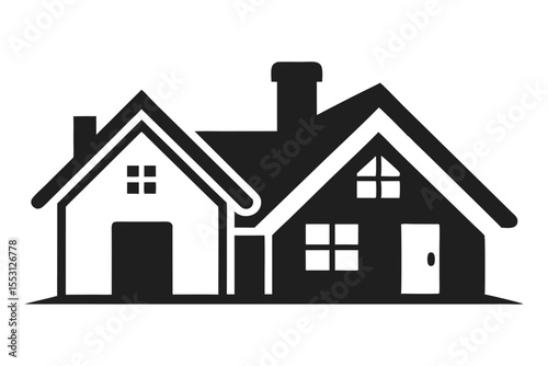 Two houses show varied details with classic window, door, and roof design on transparent background