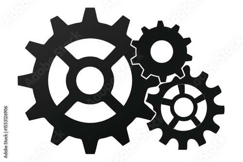 Three black gearwheels are meshed together on a white backdrop, creating a mechanical interface