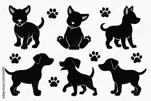 Cute black dog silhouettes stand, sit, and walk among paw prints on transparent background