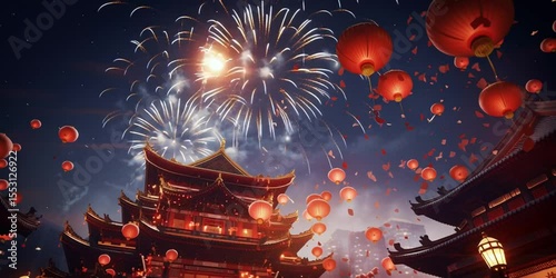Chinese New Year Celebration with Fireworks and Red Lanterns Above Traditional Architecture