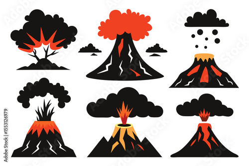 Six volcano vectors depict diverse eruption styles against a crisp white backdrop transparent background