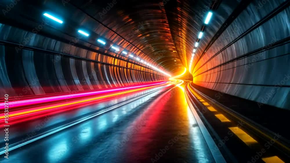Vibrant tunnel with light trails and reflections