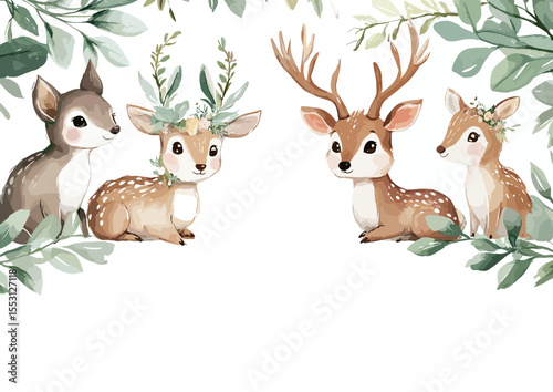 Cute forest animals with floral accents in a whimsical illustration  