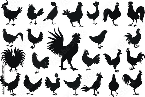 Collection of diverse rooster silhouettes showcases varied shapes and postures against a transparent backdrop
