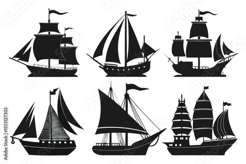 Six old fashioned frigate silhouettes display historic sailing vessel designs on a transparent background