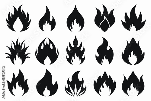 Fifteen varied flame shapes appear as striking black silhouettes against a clear background