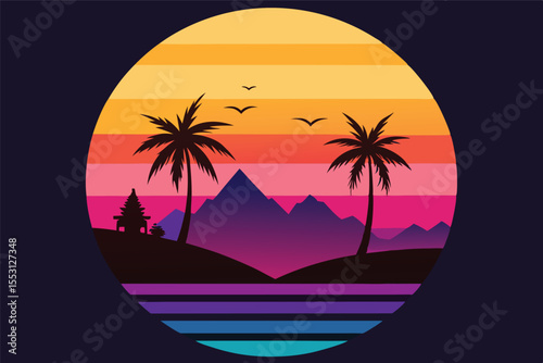 Two palm trees silhouette landscape shows vivid sunset and mountain ranges inside a shape