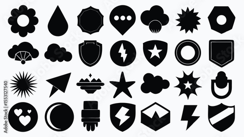 Several distinct black shapes appear organized on a white background in this collection