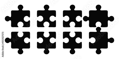 Interlocked black puzzle pieces create seamless connection across white background, representing teamwork and unity