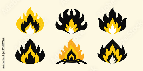 Collection showcases six unique flame icons featuring black and yellow elements set against pale backdrop