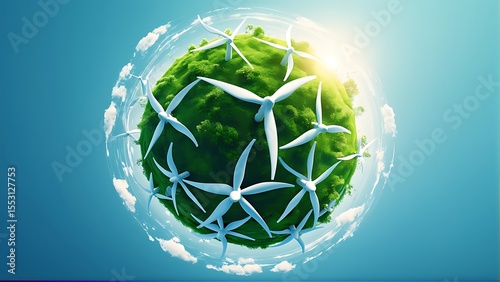 Sustainable Future: Wind Turbines on Lush Green Planet Concept