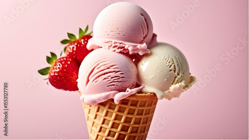Three Scoops of Fresh Strawberry and Vanilla Ice Cream Served in a Crispy Golden Waffle Cone Against a Soft Pastel Pink Background Adorned with Juicy Ripe Red Strawberries