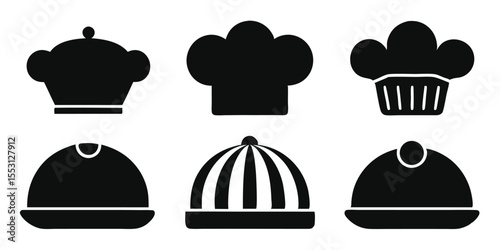Six different silhouettes of food service hats and covers are presented on white