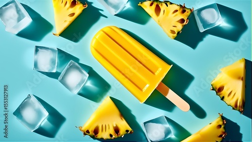 Vibrant Yellow Pineapple Popsicle Surrounded by Ice and Fruit