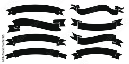 Set of eight monochrome retro style ribbons offer versatility across various projects on transparent background
