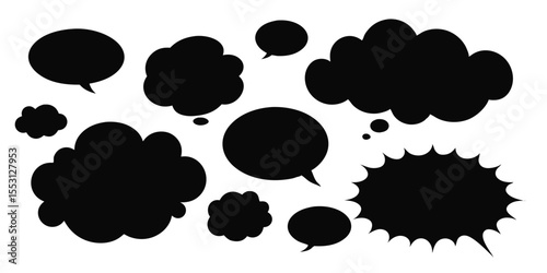 Collection of varied black speech bubbles floats across a white background in varying shapes