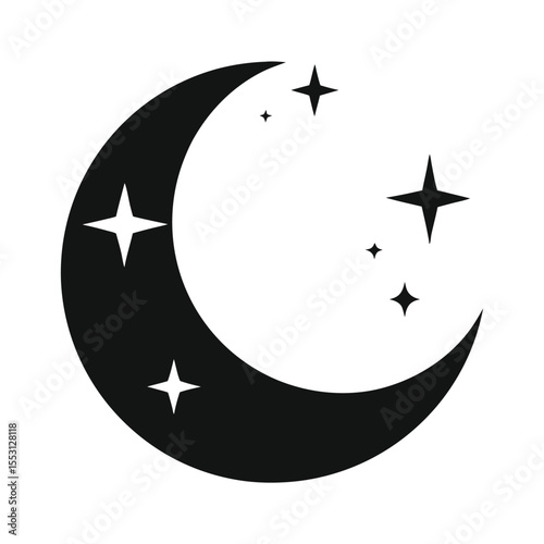 Black crescent moon and stars create a celestial night with transparent background